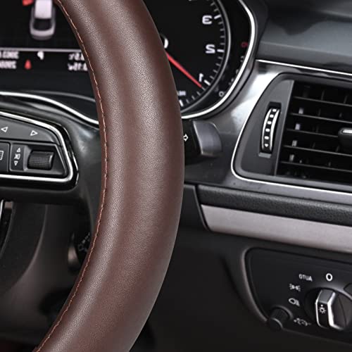 Image of Haokay Heavy Duty Pure Cowhide Steering Wheel Cover, Genuine Leather Steering Cover Brown Leather Steering Wheel Cover with 15 Inches Universal Fit (Brown-1)