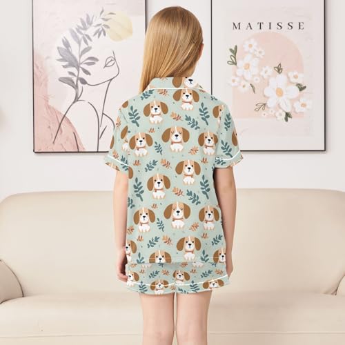 Cartoon Beagles Print Summer Satin Pajama Set, Cute Button-Down Sleepwear Pj Set for Sleep Wears4