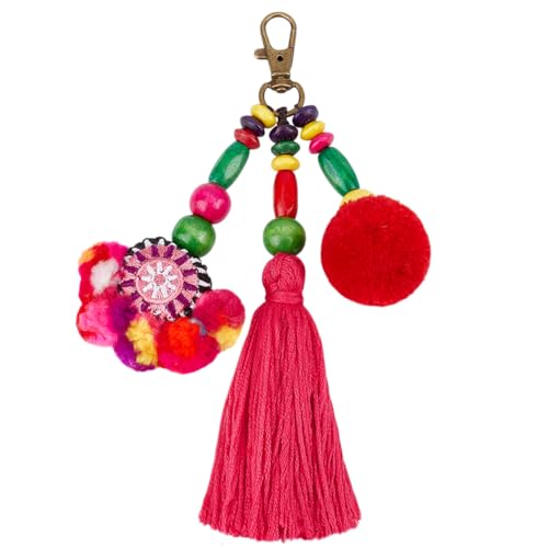 Beebeecraft Boho Keychain Red Tassel Bag Charm Pompom Wood Bead with Swivel Clasp Pendant Decoration Hanging Ornament for Women Gift