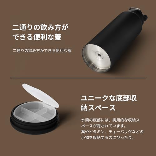 BOTTLE BOTTLE 水筒 1リットル 大容量 ステンレスボトル 底部収納 ストロー付き 直飲み 保温保冷 二重構造 真空断熱 漏れ防止 2WAY蓋 魔法びん 持ち運び black ブラック の商品画像 4