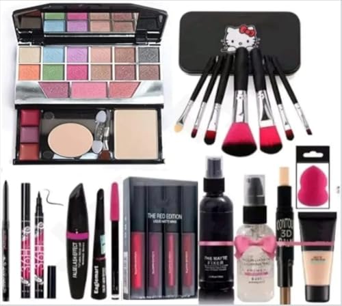 Image of 5024 | All-in-One Makeup Kit Set | 19-Piece Set with Premium Brushes, | Lipstick ComboSet |, Fixer, Primer, Contour, Foundation, Eye Combo, Eyeliner, Kajal & Sponge