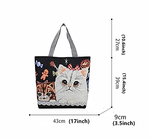Floette Women Canvas Cat Tote Bag - Cat Print Shoulder Bag Hobo Crossbody Handbag Casual(A05)