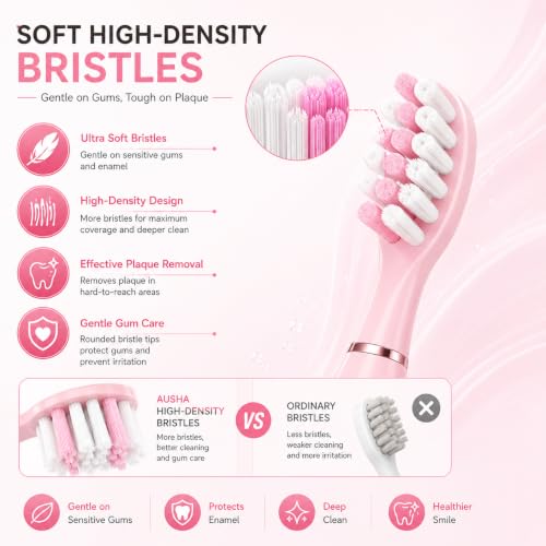 Image of AUSHA Black Smart Electric Toothbrush for Men & Women - Sonic Vibrating Automatic Toothbrush for Adults Rechargeable, 5 Modes, Smart Timer, Waterproof, 60-Day Battery Life, 2 Extra Brush Heads