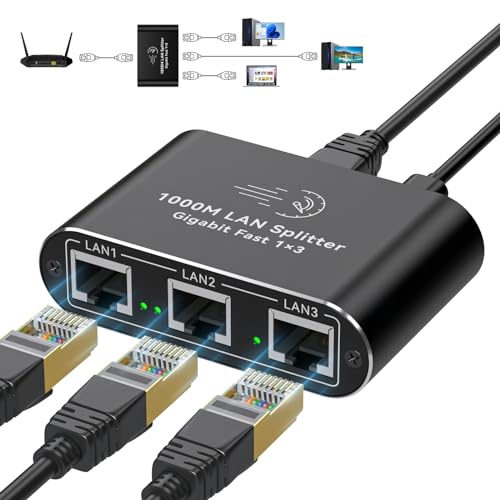 AILVLVNG Ethernet Splitter 1 to 3 1000Mbps Internet Cable Splitter 1 in 3 Out High Speed Either Network Splitter Gigabit Dual LAN RJ45 Port Router Switch Work with Cat6/7/8 Cable
