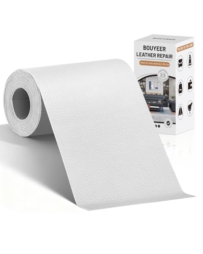 BOUYEER Pelle Adesiva per Riparazioni, 10x210 CM ecopelle toppe adesive per tessuti, Set Riparazione Ecologico & Senza Odori per Mobili/Divano/Sedili Auto/Borse/Restauro, Bianco