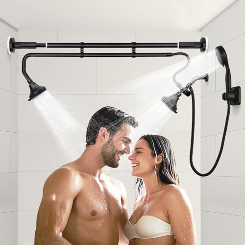 OURBAOFU Tandem Shower Dual Shower Heads for Couples & Handheld head Triple Shower Head System for Two People High Pressure and Adjustable Double Shower Heads and Handheld Shower HeadBlack)