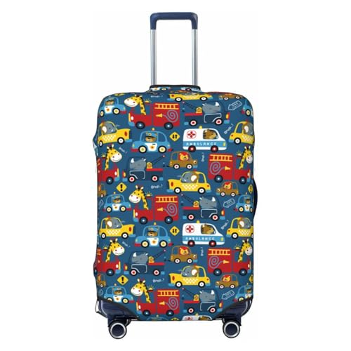 Vehicles Cartoon With Funny Drivers,Animal Drivers Print Luggage Cover For Suitcase,Zipper Closure And Bottom Buckle – Fits 18-32