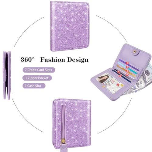 Image of Small Womens Glitter Wallet Thin Credit Card Holder Pocket | Compact Women Slim RFID Blocking Bling Wallets Bifold Ladies Mini Purse Pocket for Travel & Daily Use, Purple