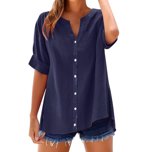 Camisetas Manga Corta Mujer Verano Basica Tallas Grandes Camisas Elegantes Cuello En V Blusas con Botones Cómoda Camisa Moda Vestir Camiseta Boda Shirts Transpirable Oficina Top Informal Fiesta