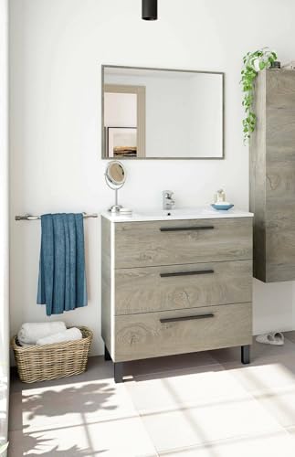 Dmora Mobile sottolavabo con Tre Specchio, Colore Marrone, cm 80 x 86 x 45, Rovere, 3 cassetti