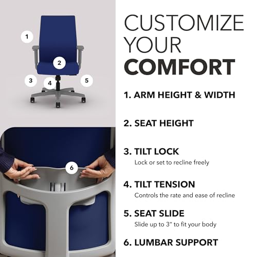 Image of HON Ignition 2.0 Mid‑Back Ergonomic Office Chair, Mesh Task Desk Chair with Lumbar Support, Standard Synchro‑Tilt, Height and Width Adjustable Arms, Titanium Frame, Cobalt