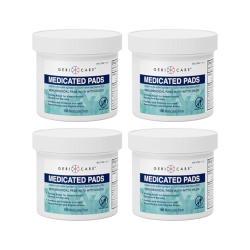 GeriCare Medicated Cooling Pads with Witch Hazel, for Soothing Itch, Discomfort and Burning, Pre-Moistened Pads Ideal for Sensitive Areas, 100 Count (Pack of 4)