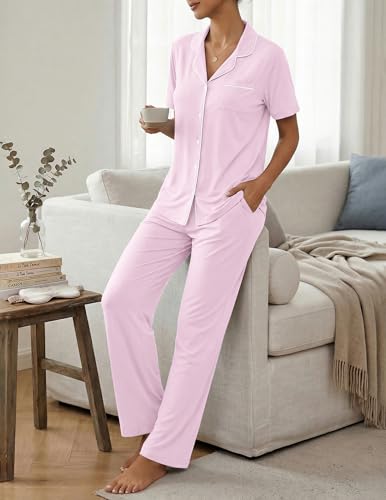 Image of ZMJ Womens Pajamas Sets 2 Piece Button Up Pj Sets Short Sleeve with Long Pant