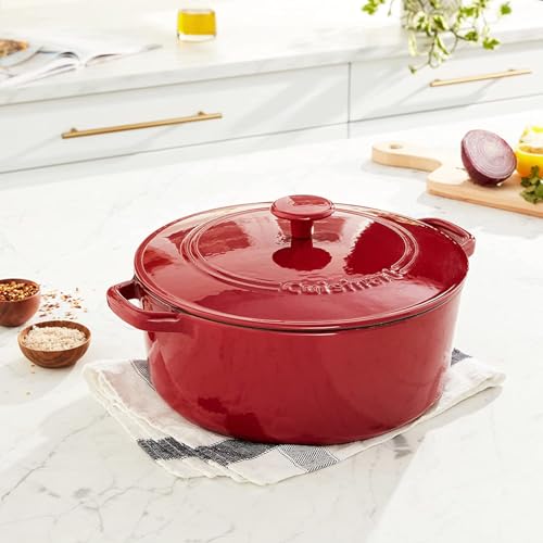 Image of Cuisinart Chef's Classic Enameled Cast Iron Dutch Oven with Lid, Porcelain Enameled Interior, Oven Safe, Induction Compatible, 7-Quart, Round, Red