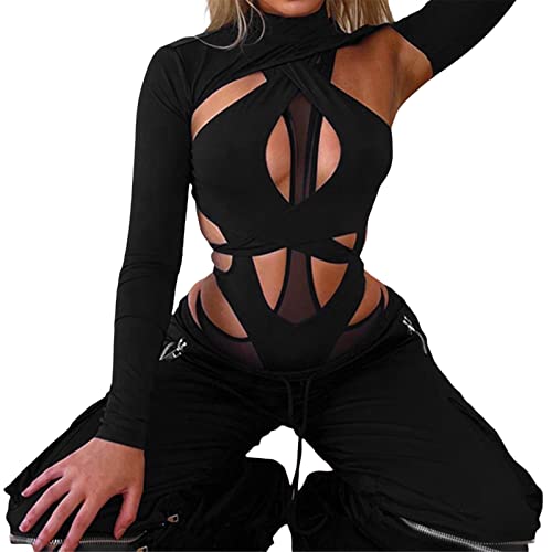 Women's Rave Outfits Long Sleeve Cutout Neon Bodysuit Mock Neck Mesh Shrug Crop Top for Festival Club Party2