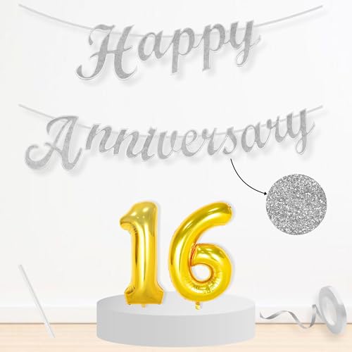 Image of Flyloons 16th Happy Anniversary Banner Silver Decorations Kit for Men Women Wedding Anniversary Banner Items without Balloons