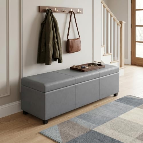 Image of SIMPLIHOME Avalon 54 inch Wide Vegan Leather Storage Ottoman in Stone Grey
