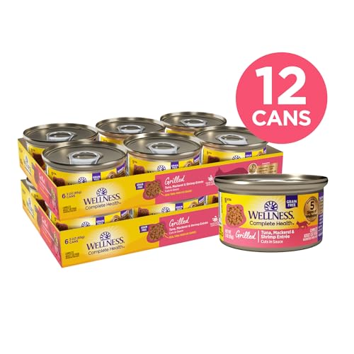 Image of Wellness Complete Health Grilled Adult Canned Wet Cat Food, Natural, Protein Rich, Grain Free, Tuna, Mackerel, and Shrimp Entree Recipe, 3 oz, Pack of 12 Cans