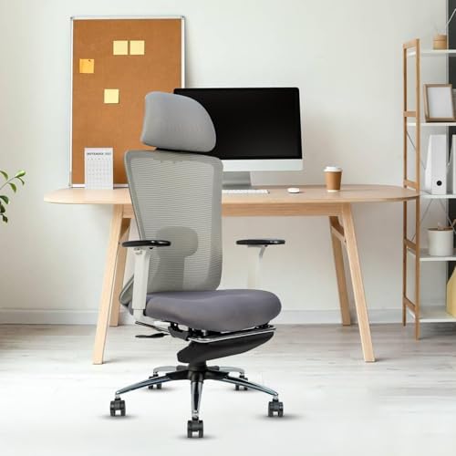 Image of CELLBELL Ergoglide FT Ergonomic Mesh Office Chair with Footrest Fixed Headrest Lumbar Armrests Synchro Tilt 3 Lock Class 3 Hydraulic Chrome Base 60mm Wheels High Back Work Chair (Grey)