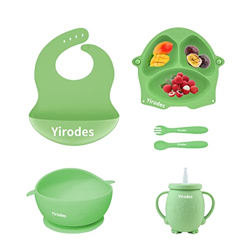 Image of Silicone Baby Feeding Set, Straw Cup with Fork, Spoon and Adjustable Bib, Suit for Baby Plates and Utensils LED Weaning Set 6-12 Months, Green