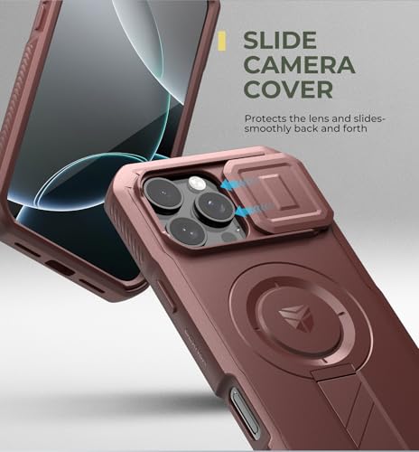 Image of Dexnor for iPhone 16 Pro Max Case with Slide Camera Cover & Adjustable Kickstand & Built-in Screen Protector,Compatible Wireless Charging Shockproof Heavy-Duty Mangetic Protective Cover,Maroon Red