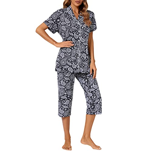 Image of Tugege Capri Pajamas Set Womens Button Down Short Sleeve Lounge Sets Sleepwear Notch Collar Top & Capri 2 Piece PJ Sets
