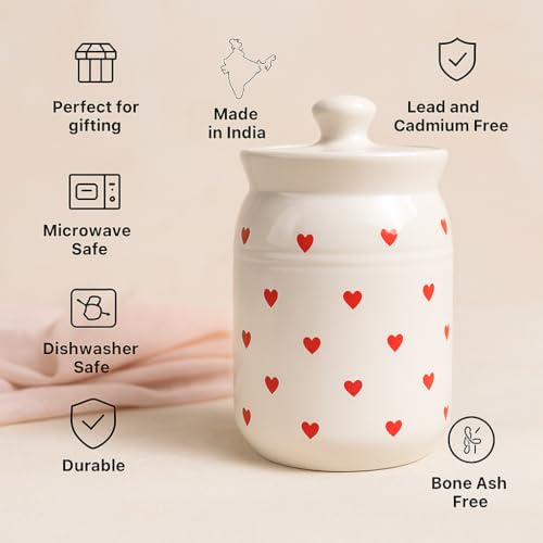 Image of D'Maiolica Ceramic 1000ml Handmade Pickle Jars (set of 2) | Handpainted Heart 1 kg Ceramic Storage Containers | Kitchen Jars for Salt (Set of 2) | Jars for Achar, Spices, Salt (Red HandPainted Heart)