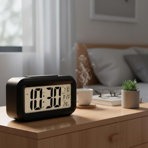 Image of Rorian Digital Alarm Clock - Large LCD Display with Smart Backlight, Indoor Temperature, Date & Calendar, Battery Operated Portable Desktop Clock for Bedroom, Travel, and Office (Black)