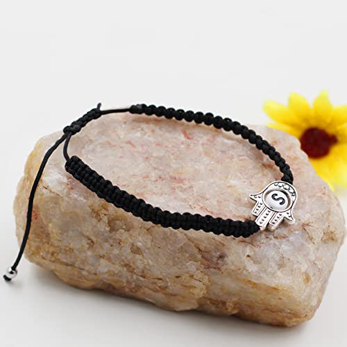 Image of Uloveido Customized A to Z 26 Letters Hand of Fatima Bracelet - Fatima Hamsa Hand Evil Eye Protection Bracelet Lucky Charm Adjustable Braided Black String
