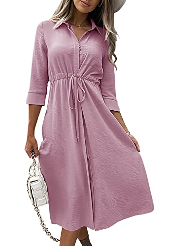 Image of Febriajuce Women's 3 /4 Sleeve Midi Dress Casual Drawstring Belted Round Neck Plain Tie Waist Loose High Waist Long Dress