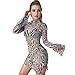 Women's Striped Zebra Print Mesh Sheer Mini Dress Sexy Mock Neck Split Bodycon Flared Long Sleeve Beach Party Dress