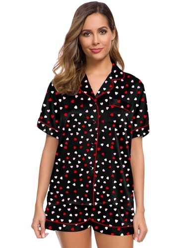 Image of SWOMOG Womens Silk Satin Pajamas Set Short Sleeve Sleepwear Button Down Top and Shorts Loungewear 2 Piece Pjs Set XS-3XL Heart Collage XX-Large