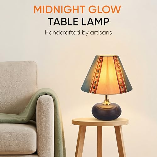 Image of AAKRITI ART CREATIONS Terracotta Table Lamp for Study Room, Bedroom & Living Room Decoration | Abstract Tribal Stripe Pattern Bedside Lamp with Cotton Fabric Shade | Aesthetic Night Lamp