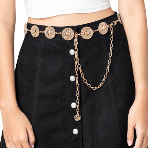Women Metal Chain Belt, Western Concho Chain Belt Adjustable Boho Waist Chain Belts for Dresses Jeans Cowgirl2