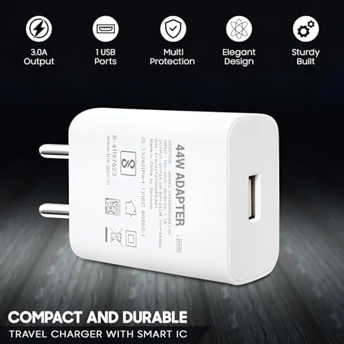 Image of Original Compatible with 44W Rapid Charge Wall Adapter | Vi vo Y16 Y100A V21E Y53s Y55 V23 5G Y27s Y28 V21 V20 | USB Type A to C Fast Charging Adapter with Data Cable