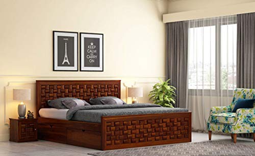 Image of Sheesham Solid Wood Honey Finish Ferguson Hydraulic King Size with Storage Wooden Bed for Beautiful Bedroom Room (King, Walnut)