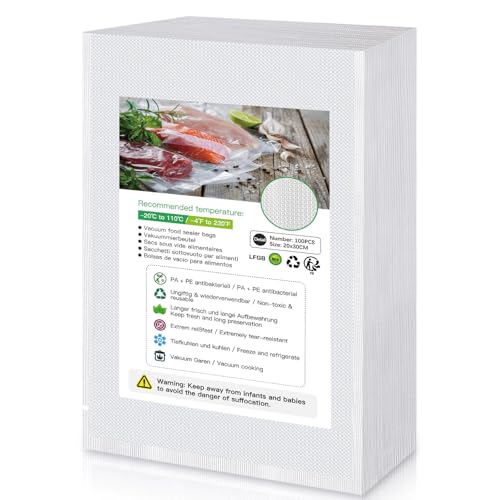 Bolsas para Envasar al Vacio para Alimentos 20x30cm/100 Bolsas Para Conservación al Vacío de Alimentos, Vacuum beutel Lebensmittel Bolsas de Vacío Gofradas, Sin BPA, Bolsa de Compresión Sellada