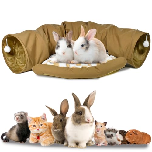 Greatbond Bunny Tunnel Bed, 2-in-1 Collapsible Tunnel Tubes Rabbit Toys, Bunny Hideout with Removable Bed Mat for Cats, Kittens, Rabbits, Ferrets, Guniea Pigs