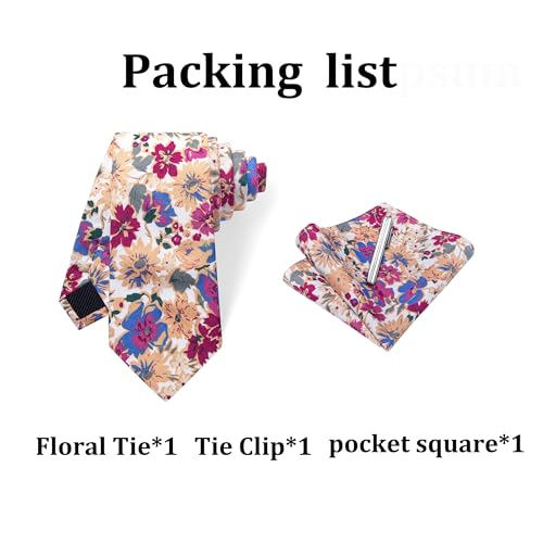 Image of YourTies Cotton Floral Tie for Men 2.5 inch Printed Skinny Necktie Pocket Square Tie Clip Set Flower Wedding Party Groom