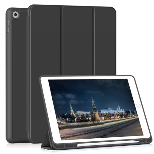 Image of Case for iPad 9th Generation 2021 / iPad 8th Gen 2020 /iPad Cover 7th Generation 2019, Silicone Case with Pencil Holder for iPad 9 /8 /7 10.2 inch, Auto Sleep /Wake, Black