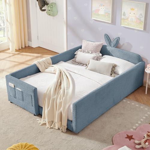 Image of Full Size Bed Frame for Kids, Upholstered Daybed Frame Floor Bed with Safety Rails and Storage Pocket Cute Rabbit Ear Shaped Headboard for Kids Teens Boys Girls, Blue