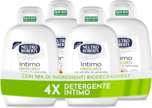 Neutro Roberts, Detergente Intimo Delicato, Detergente per l'Igiene Intima con Camomilla, 100% Naturale - Adatto a Pelli Sensibili, Per Donne e Bambini - Clinicamente Testato - 4 Flaconi da 200 ml