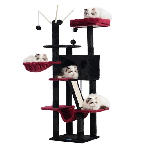 Hey-brother Gothic Cat Tree, 53 inch Cat Tower for Indoor Cats, Cat House with Padded Platform Bed, Toy Balls, Large Cozy Condo, Hammocks and Sisal Scratching Posts, Black and Red MPJ019SBR