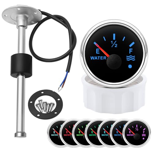Marine Sailboat 52mm (2'') Water Level Tank Gauge with 7 Colors Backlights 12V 24V with 200mm Water/Fuel Level Sending Unit Sender Sensor