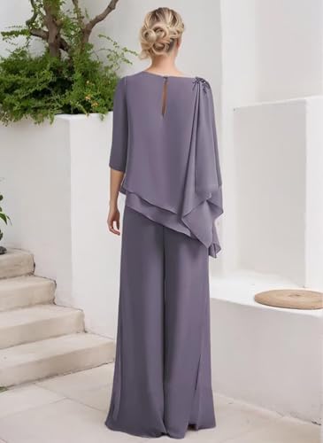 2 Pieces Mother of The Bride Pant Suits - Lace Applique Chiffon 3/4 Sleeve Ruffle Wedding Formal Outfit for Women Dressy2