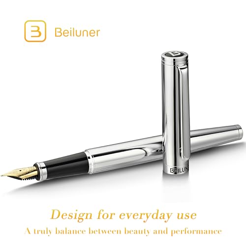 Image of BEILUNER Silver Fountain Pen,Stunning Luxury Pens with Bright Silver Chrome, Gorgeous 24K Gilded Nib(Medium), Fancy Pen Gift for Men&Women -Ink Converter-Elegant, Office,Nice Pen for Writing