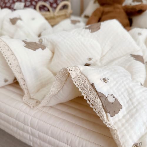 Image of BuLuTu 100% Muslin Toddler Quilt Thin Crib Comforter Girls Boys Quilted Blankets, 47 inchx59 inch, 1.5 Pounds, Soft Breathable Muslin Cotton Quilts, Bee Bear Pattern, Machine Washable