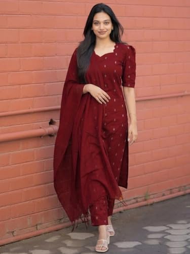 Image of ANNI Designer Women's Purple Printed Kurta Set | Pure Viscose 3 Piece Ethnic Suit Set with Pant & Dupatta | Festive for Women | Cotton Kurta Sets for Woman