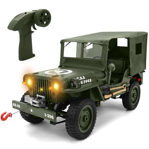 Remote Control Truck Off Road - 4x4 1/10 Scale Willys Army Rock Crawler RC Truck with Winch&Car Cover, 40Mins Play Time All Terrain Offroad RC Car,...