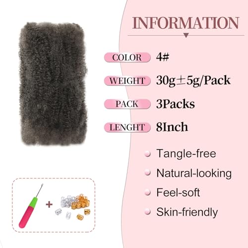 SHIHERESH 8 Inch Afro Kinky Curly Braiding Hair Bulk for Dreadlock Extensions 3 Bundles Marley Twist Hair Bulk for Micro Locs Spring Afro Twist Braids and Repair Locs (4#,30g /Pack) - Image 2
